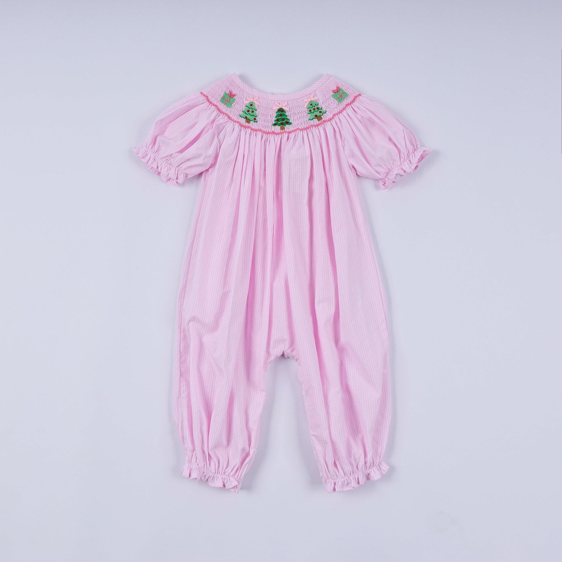 Pink christmas tree hand smocked ruffle romper - Abbies Place