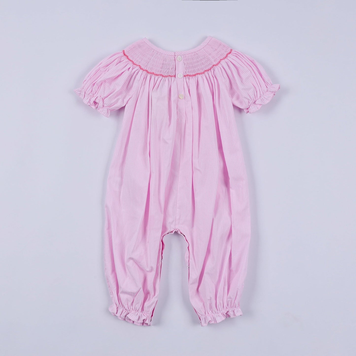 Pink christmas tree hand smocked ruffle romper - Abbies Place