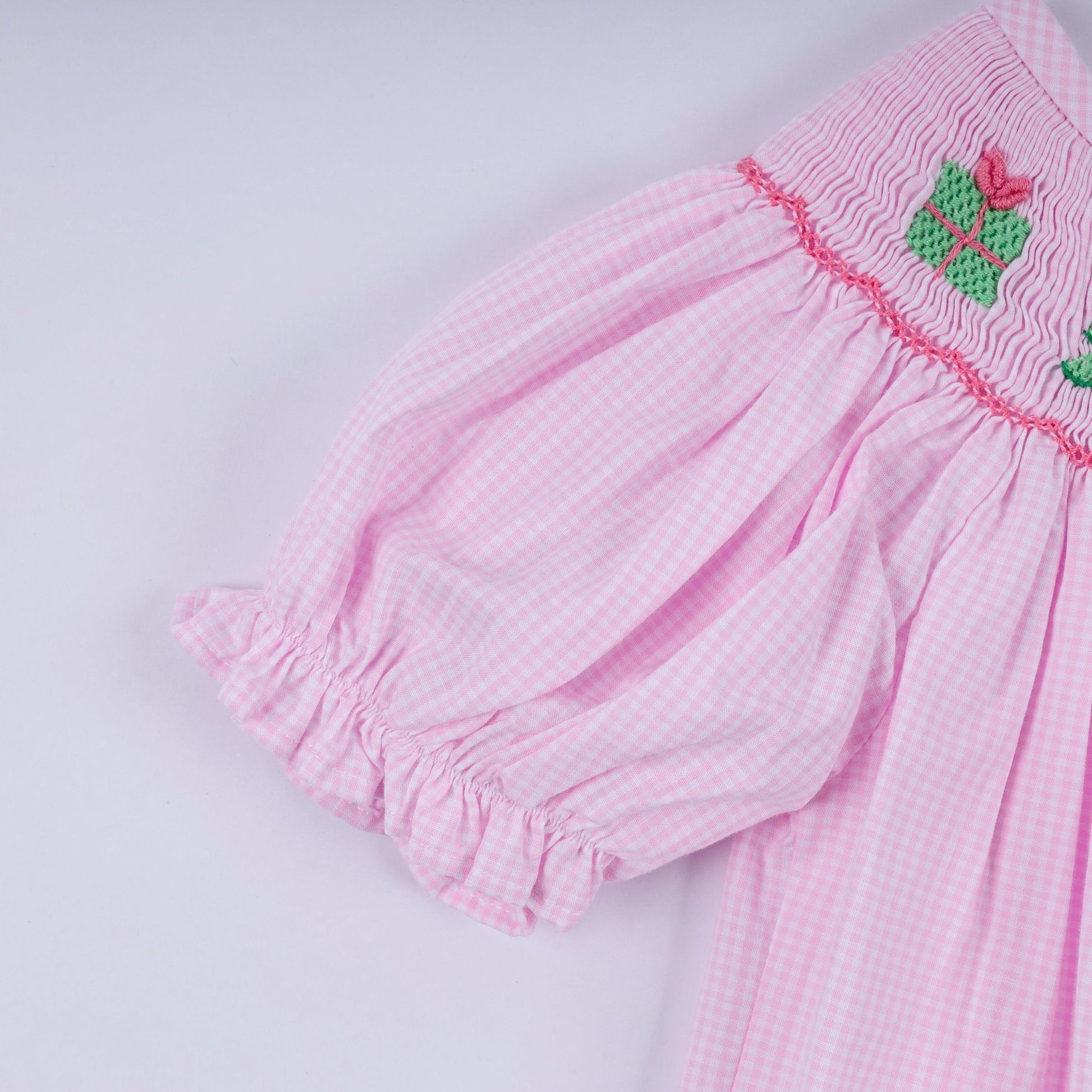 Pink christmas tree hand smocked ruffle romper - Abbies Place