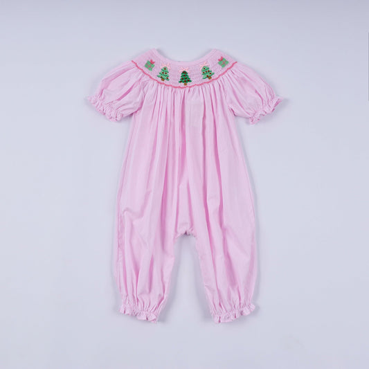 Pink christmas tree hand smocked ruffle romper - Abbies Place