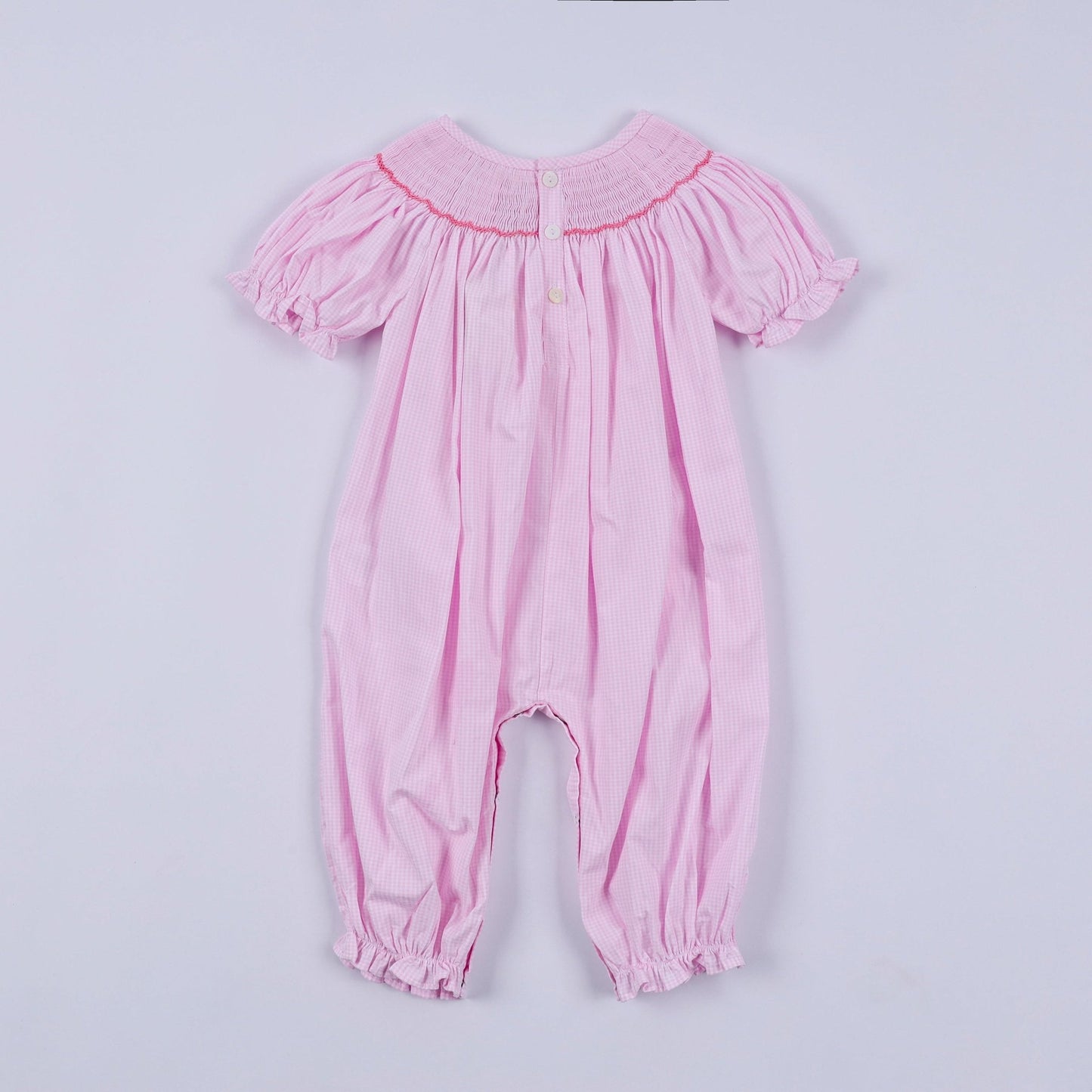 Pink christmas tree hand smocked ruffle romper - Abbies Place