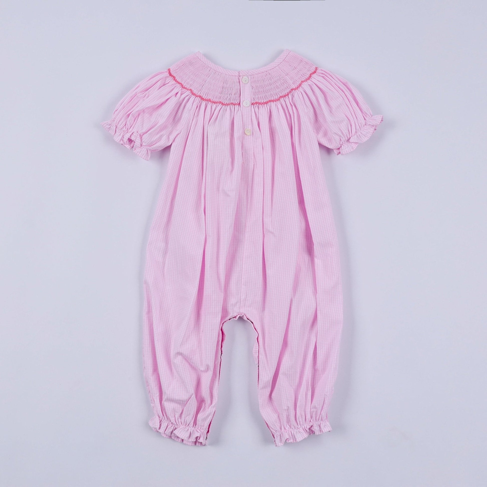 Pink christmas tree hand smocked ruffle romper - Abbies Place
