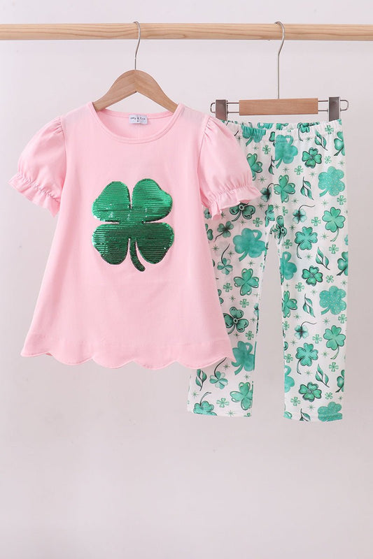 Pink clover glitter pants set - Abbies Place