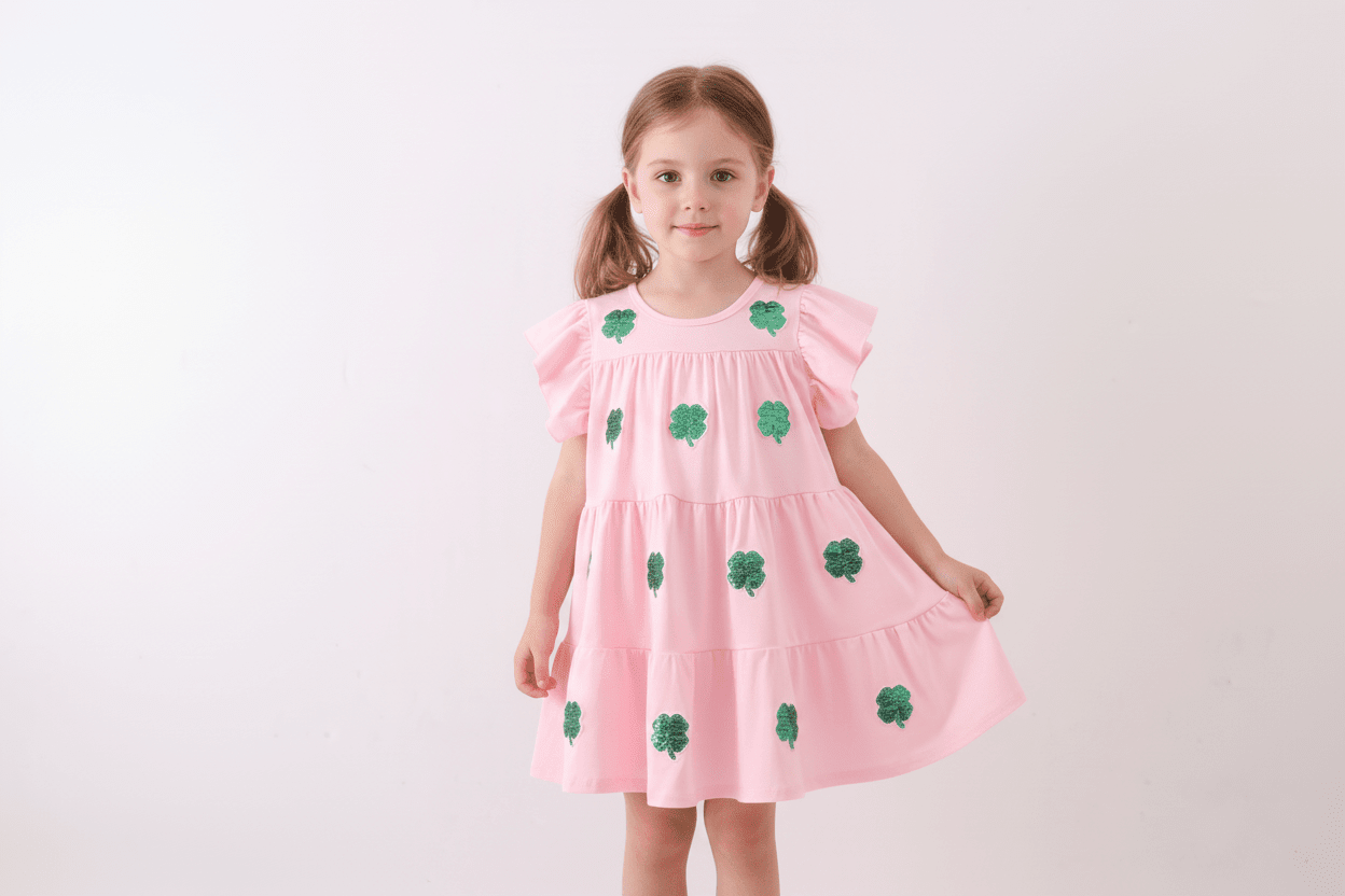 Pink clover sequin ruffle tiered dress - Abbies Place