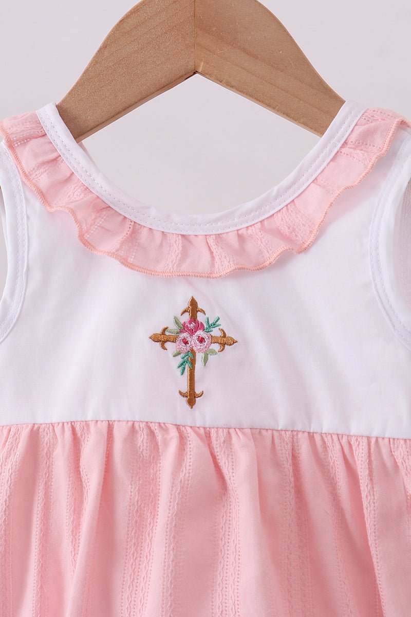 Pink cross jacquard embroidery ruffle bubble - Abbies Place