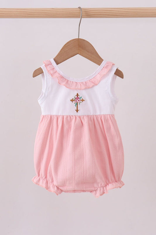 Pink cross jacquard embroidery ruffle bubble - Abbies Place