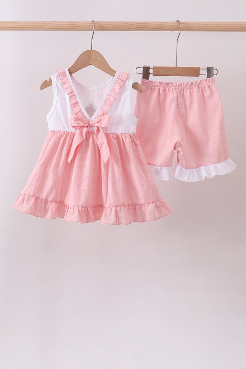 Pink cross jacquard embroidery shorts set - Abbies Place