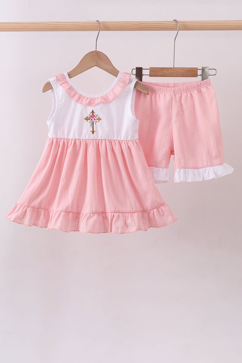 Pink cross jacquard embroidery shorts set - Abbies Place