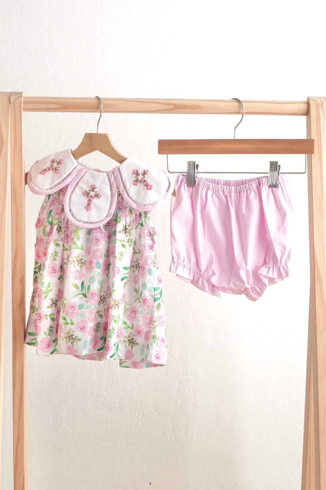Pink easter cross emrboidery floral girl set - Abbies Place