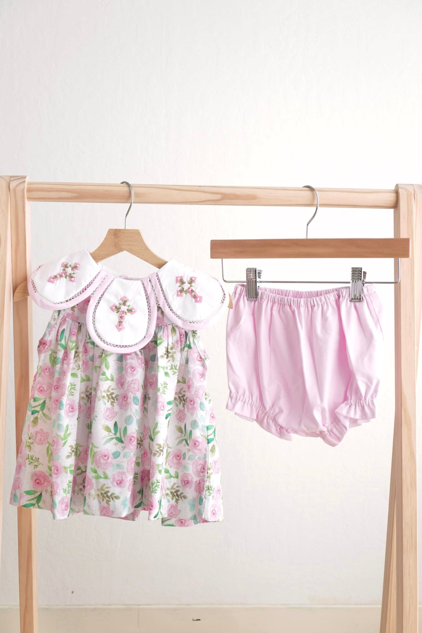 Pink easter cross emrboidery floral girl set - Abbies Place