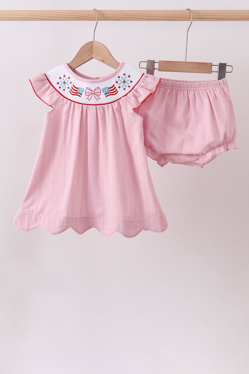 Pink fireworks flag smocked jacquard scalloped ruffle bloomer set - Abbies Place