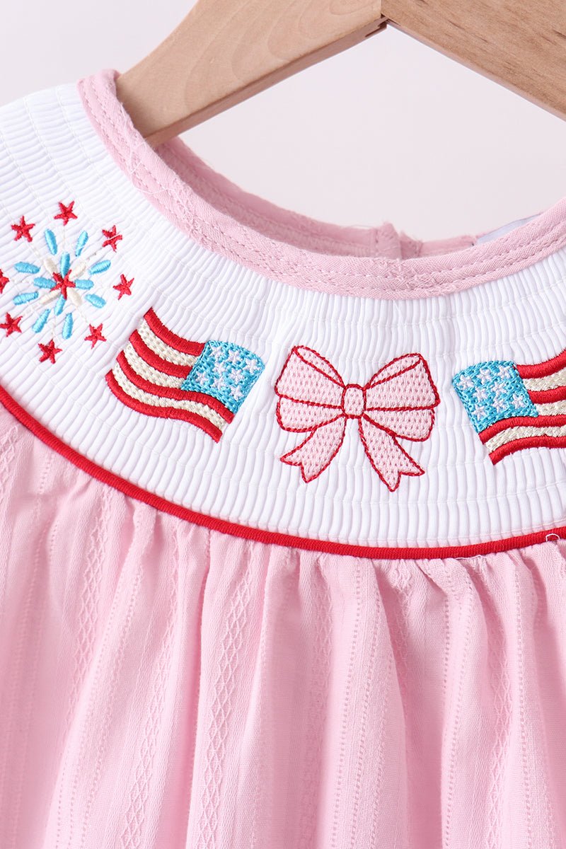 Pink fireworks flag smocked jacquard scalloped ruffle bloomer set - Abbies Place