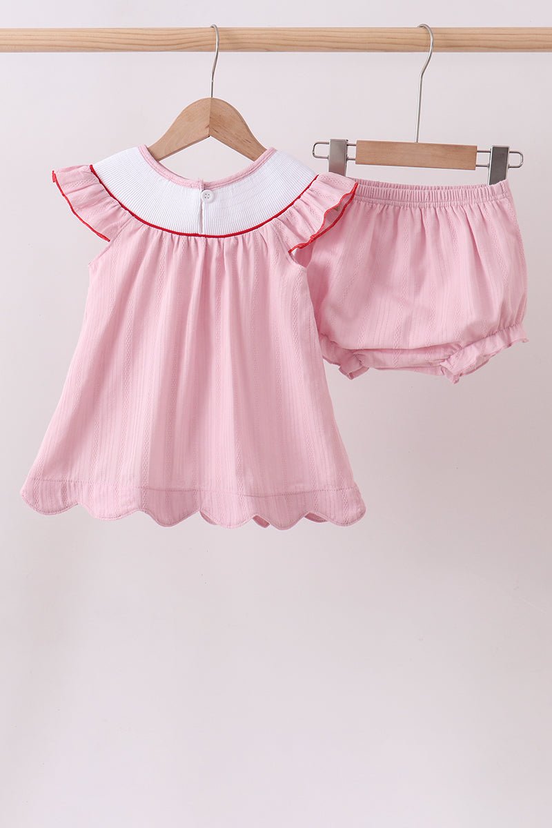 Pink fireworks flag smocked jacquard scalloped ruffle bloomer set - Abbies Place