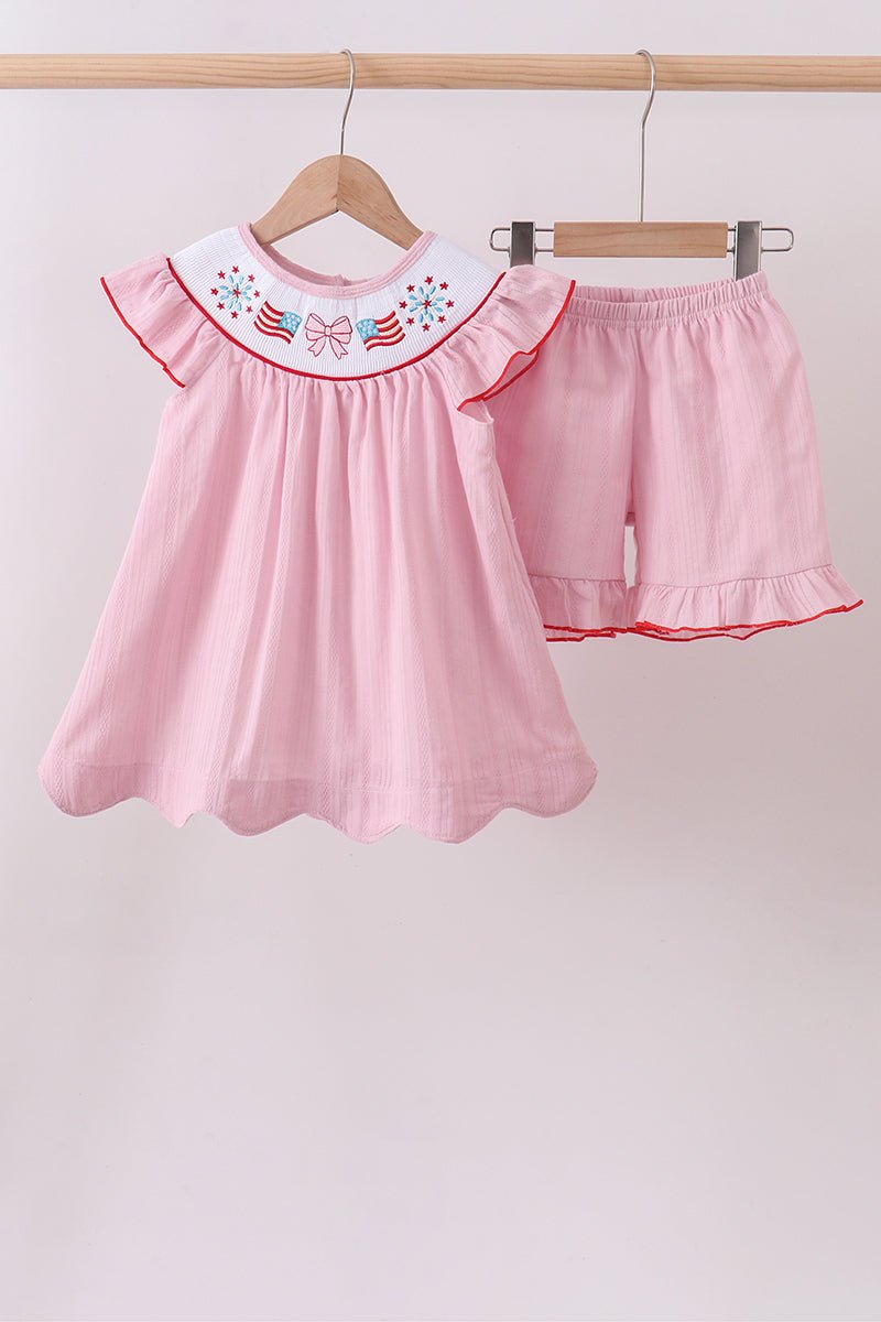 Pink fireworks flag smocked jacquard scalloped ruffle shorts set - Abbies Place
