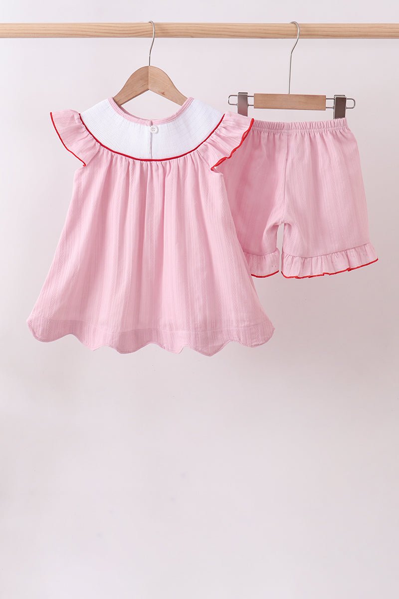Pink fireworks flag smocked jacquard scalloped ruffle shorts set - Abbies Place