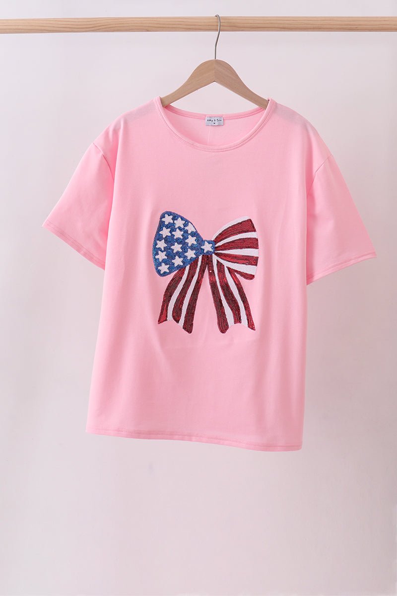 Pink flag bow sequin mom&me top - Abbies Place