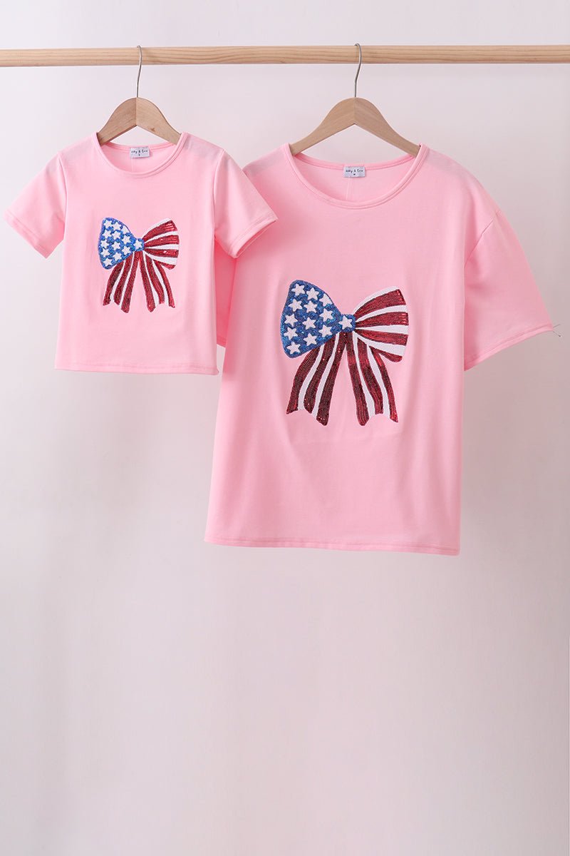 Pink flag bow sequin mom&me top - Abbies Place