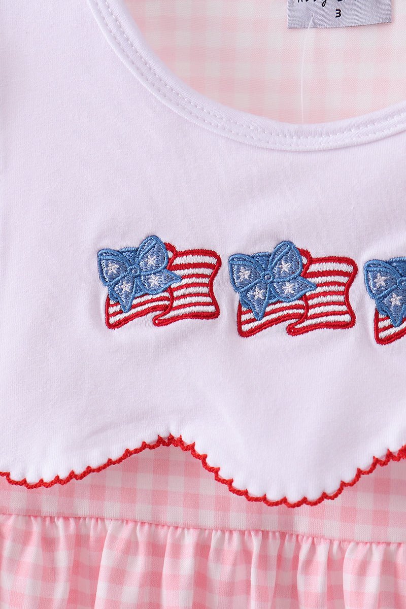 Pink flag embroidery gingham ruffle shorts set - Abbies Place