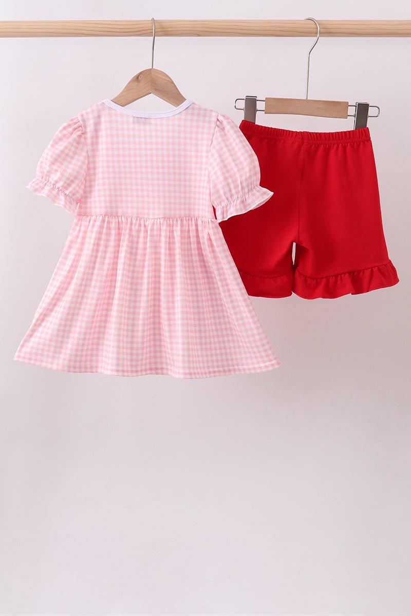 Pink flag embroidery gingham ruffle shorts set - Abbies Place