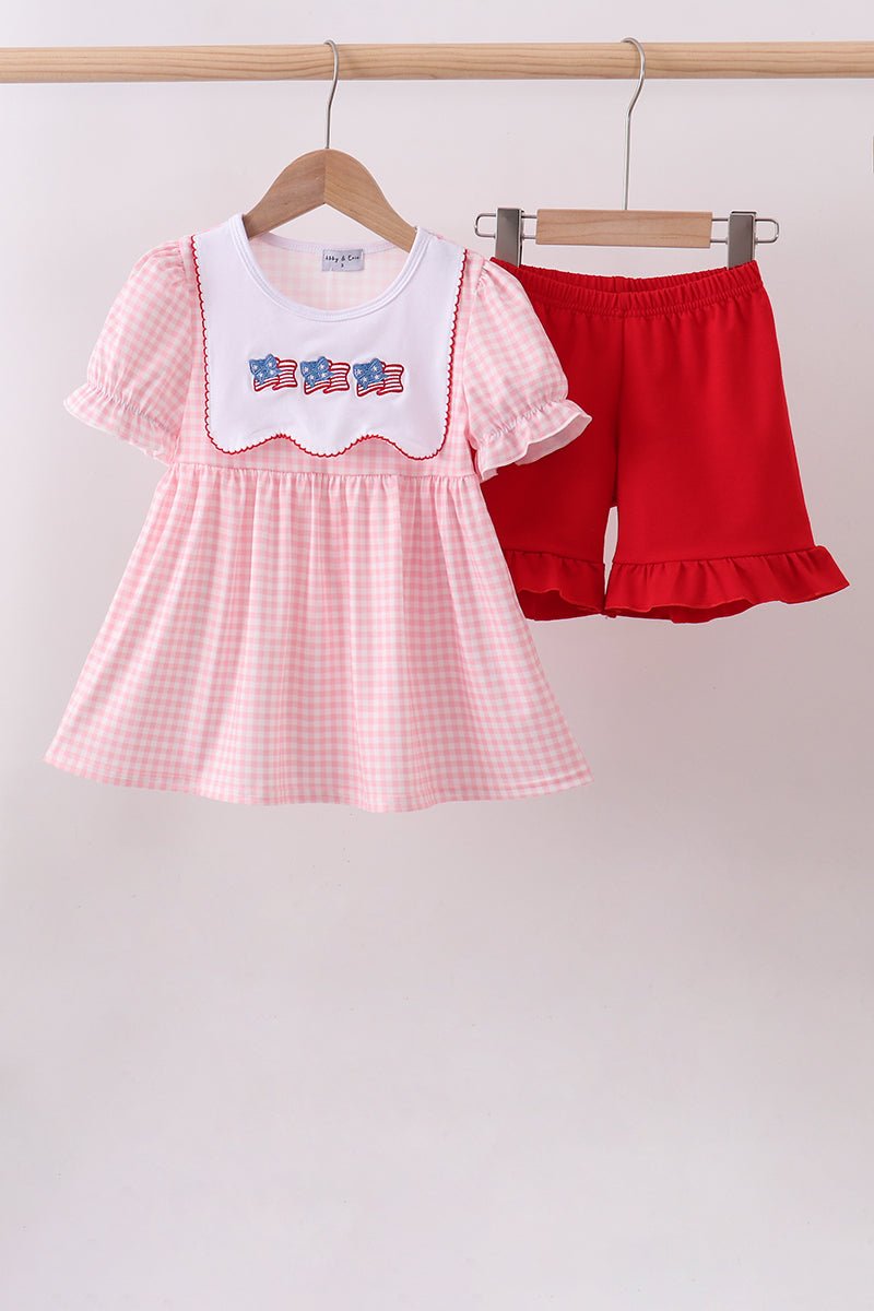Pink flag embroidery gingham ruffle shorts set - Abbies Place