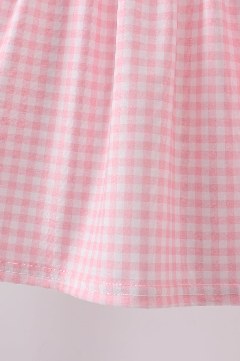 Pink flag embroidery gingham ruffle shorts set - Abbies Place