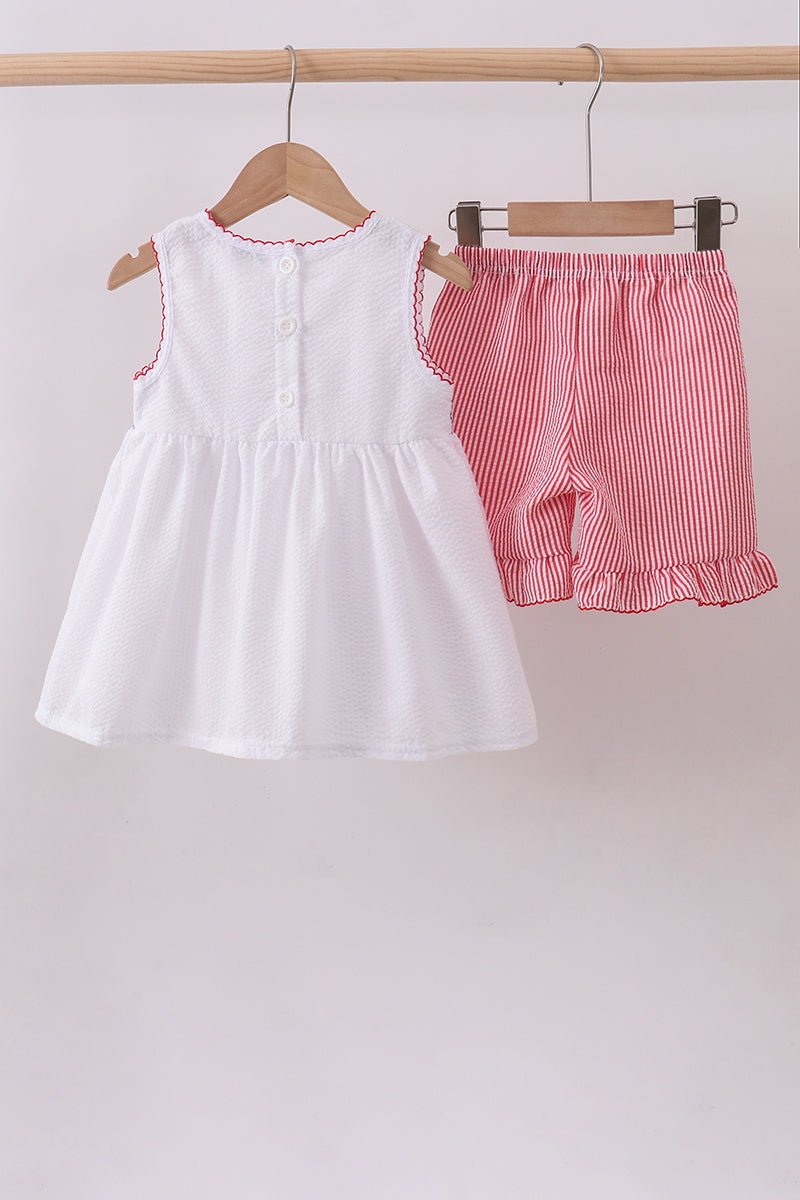 Pink flag smocked ruffle shorts set - Abbies Place