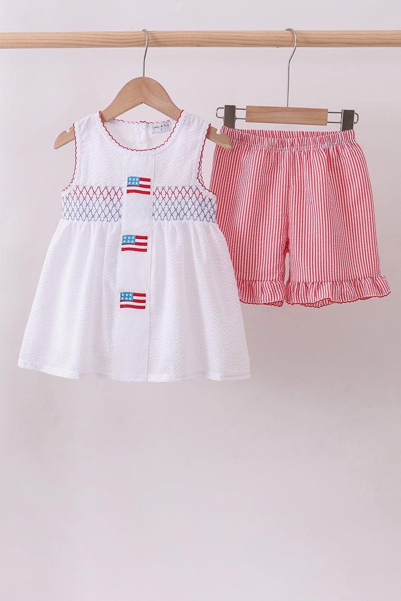 Pink flag smocked ruffle shorts set - Abbies Place