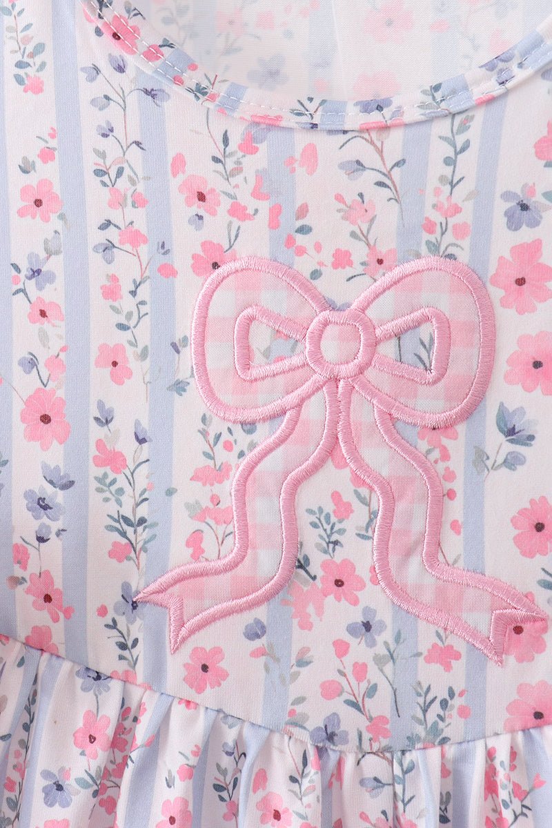 Pink Floral Bow Applique Bow Dress - Abbies Place