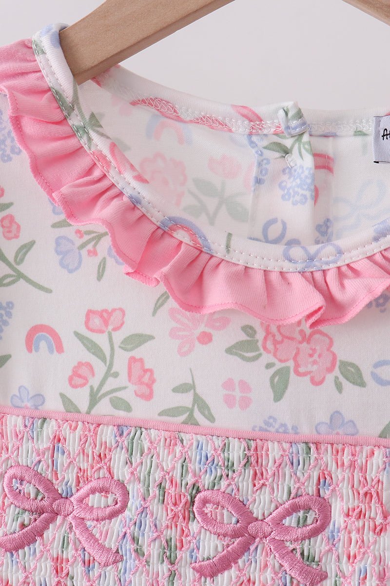 Pink floral bow smocked ruffle dress - Abbies Place