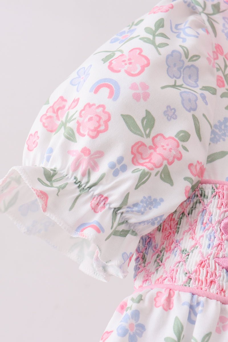 Pink floral bow smocked ruffle dress - Abbies Place