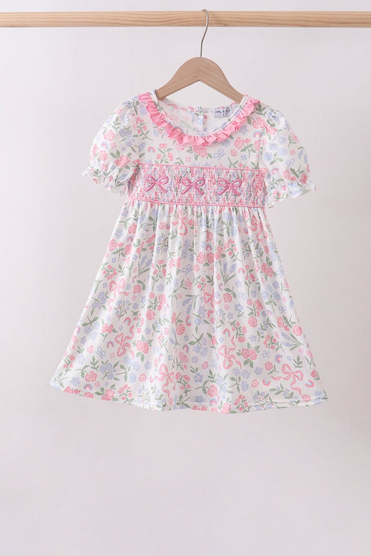 Pink floral bow smocked ruffle dress - Abbies Place