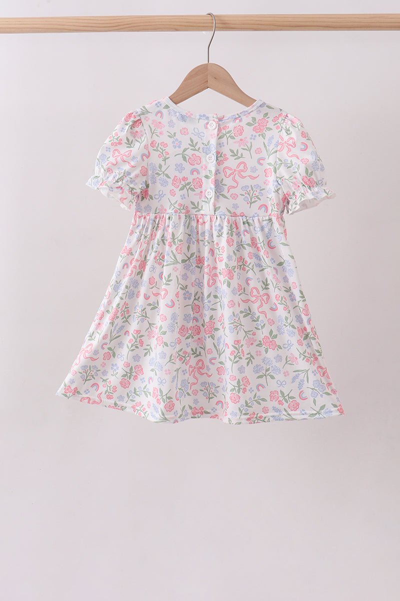 Pink floral bow smocked ruffle dress - Abbies Place