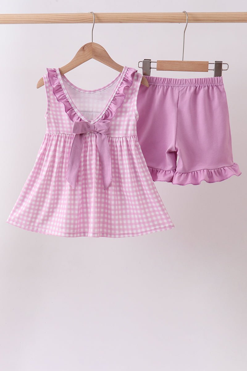 Pink floral bow smocked ruffle shorts set - Abbies Place