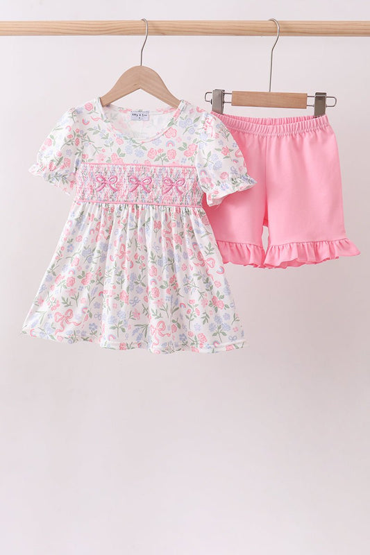 Pink floral bow smocked ruffle shorts set - Abbies Place