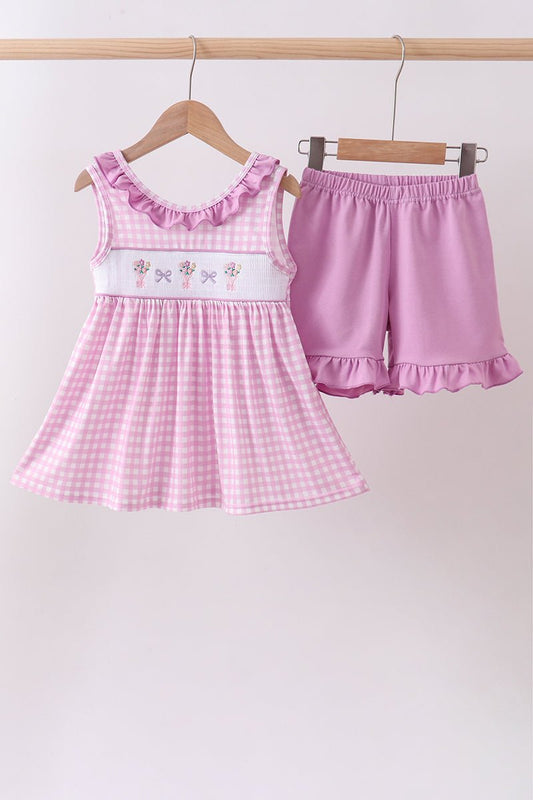 Pink floral bow smocked ruffle shorts set - Abbies Place