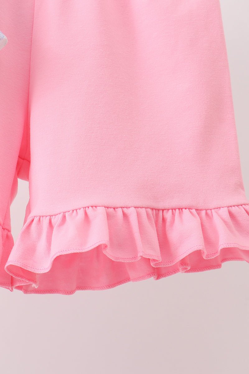 Pink floral bow smocked ruffle shorts set - Abbies Place