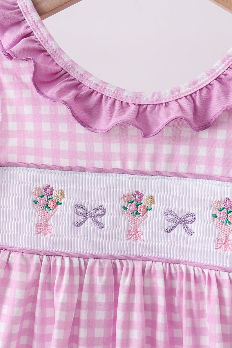 Pink floral bow smocked ruffle shorts set - Abbies Place