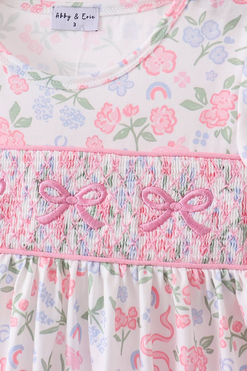 Pink floral bow smocked ruffle shorts set - Abbies Place