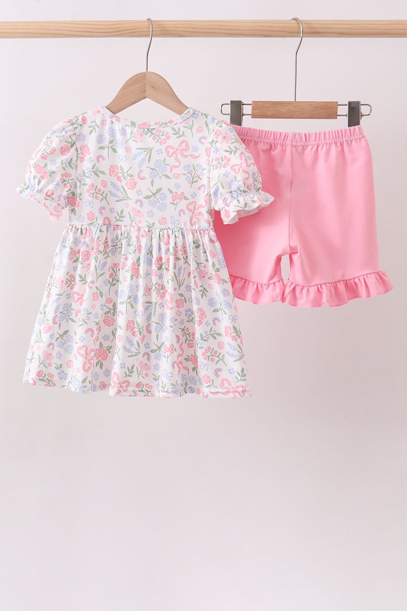 Pink floral bow smocked ruffle shorts set - Abbies Place