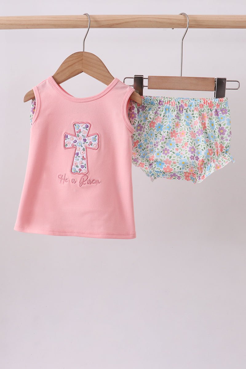 Pink floral cross embroidery ruffle bloomer set - Abbies Place