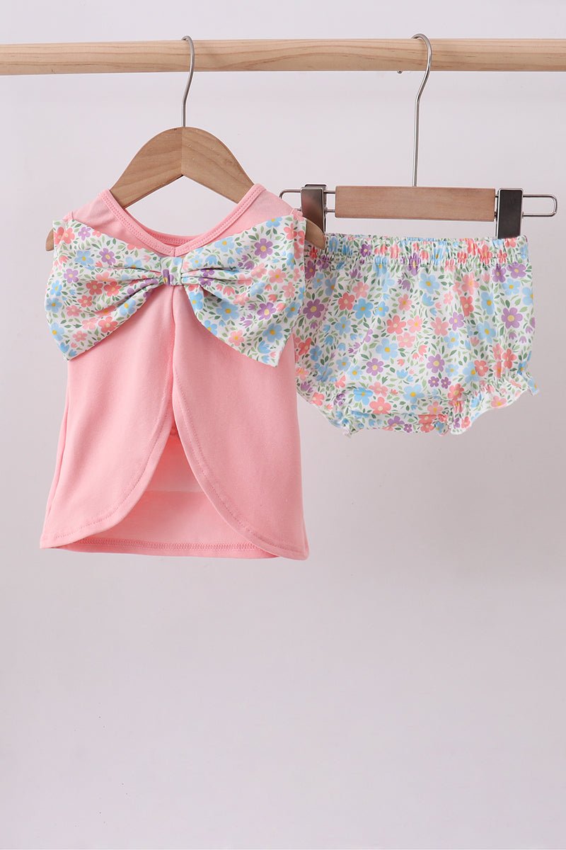 Pink floral cross embroidery ruffle bloomer set - Abbies Place