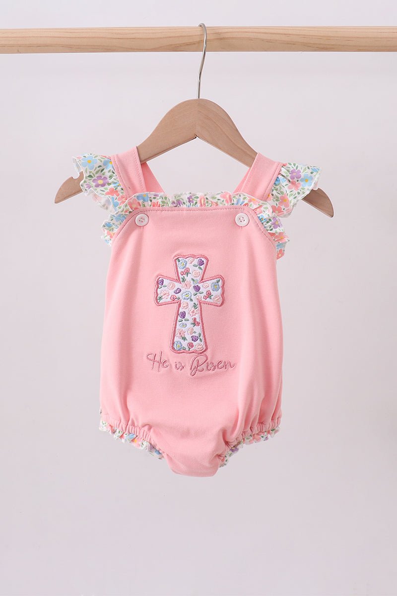 Pink floral cross embroidery ruffle bubble - Abbies Place