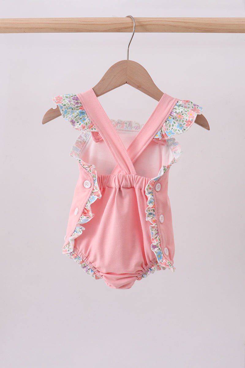 Pink floral cross embroidery ruffle bubble - Abbies Place