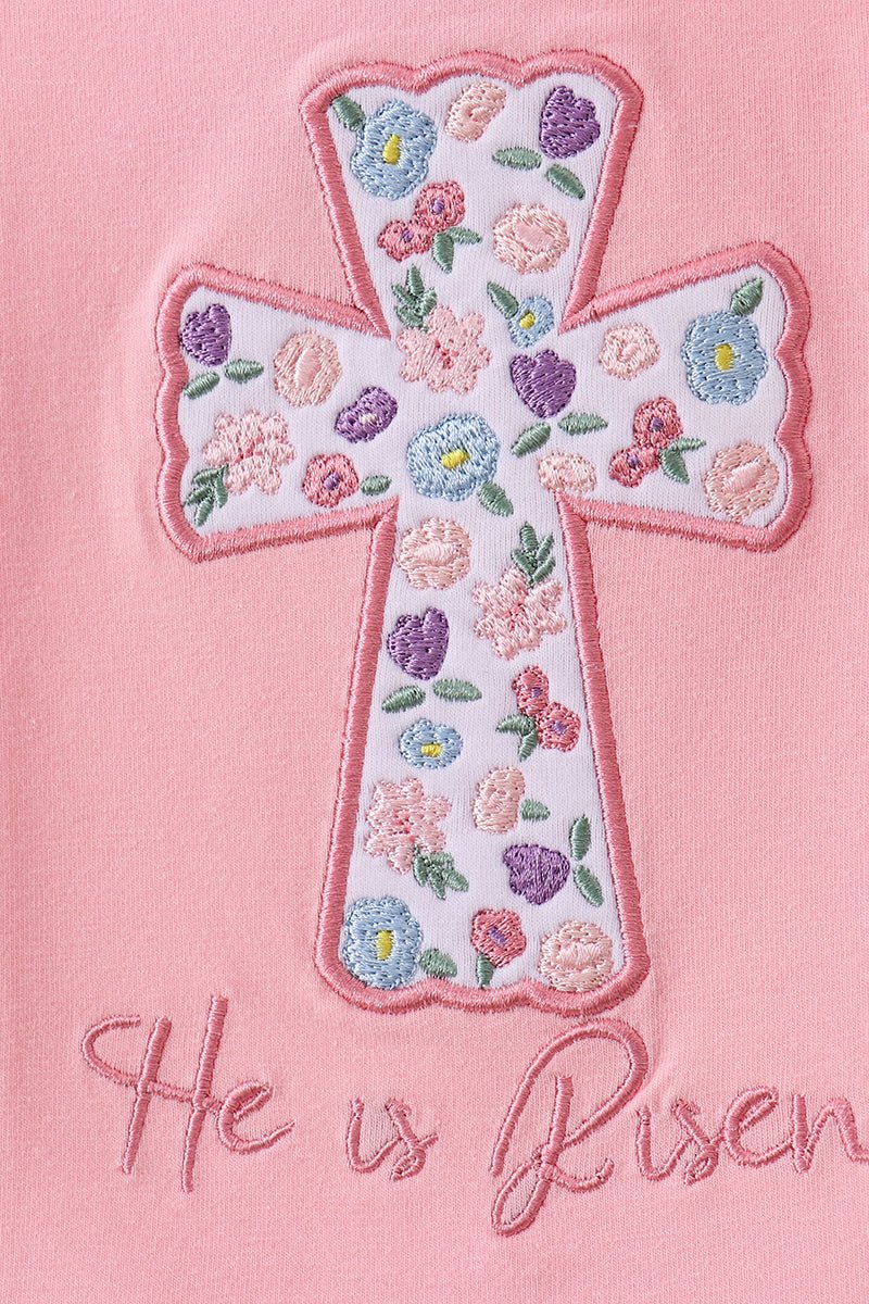 Pink floral cross embroidery ruffle bubble - Abbies Place