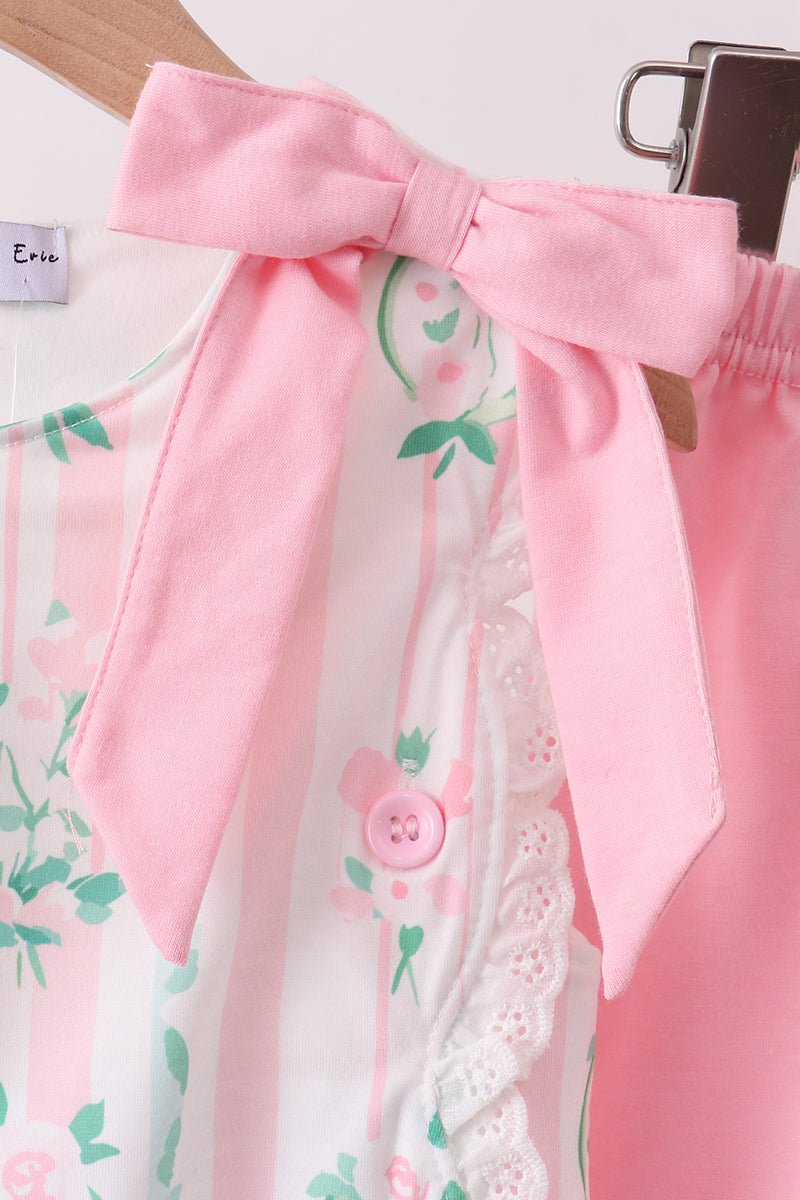 Pink floral print bow ruffle shorts set - Abbies Place