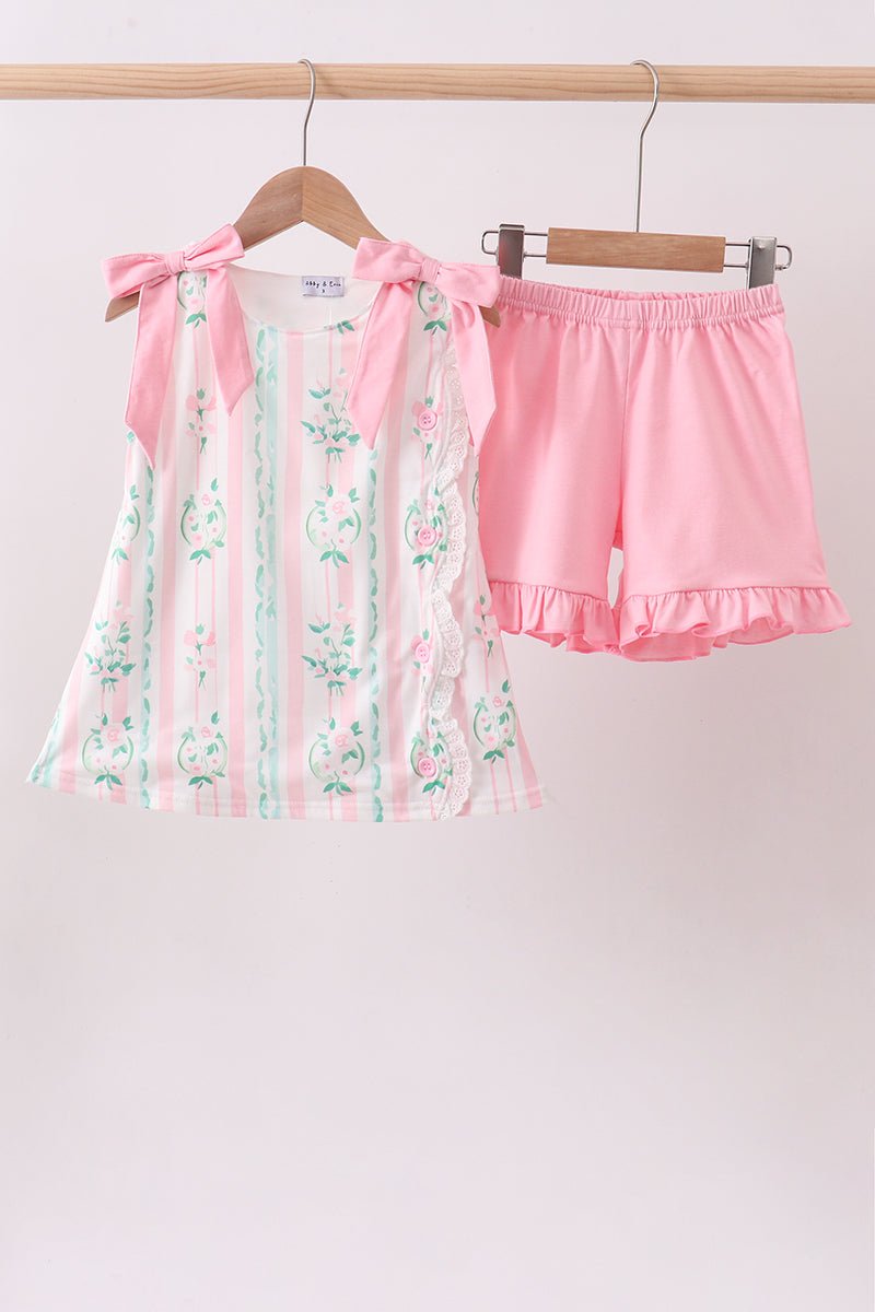 Pink floral print bow ruffle shorts set - Abbies Place