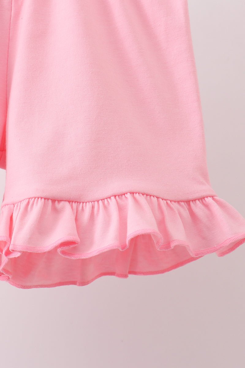 Pink floral print bow ruffle shorts set - Abbies Place