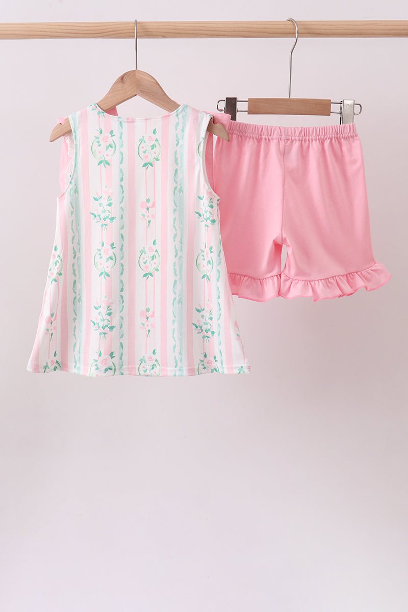 Pink floral print bow ruffle shorts set - Abbies Place