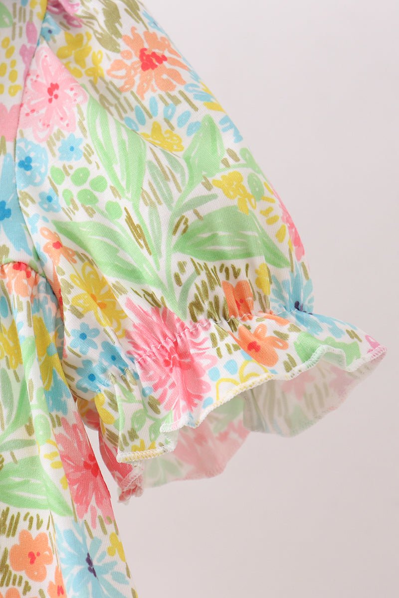 Pink floral print puff sleeve ruffle dress - Abbies Place