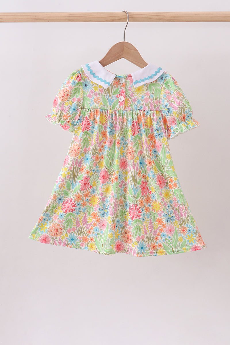 Pink floral print puff sleeve ruffle dress - Abbies Place